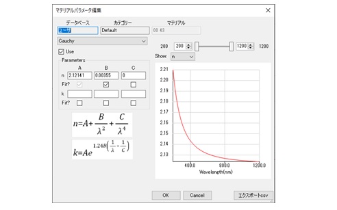 ThetaMetrisis　膜材料の光学定数(n, k)の解析 (例:Cauchyモデル)